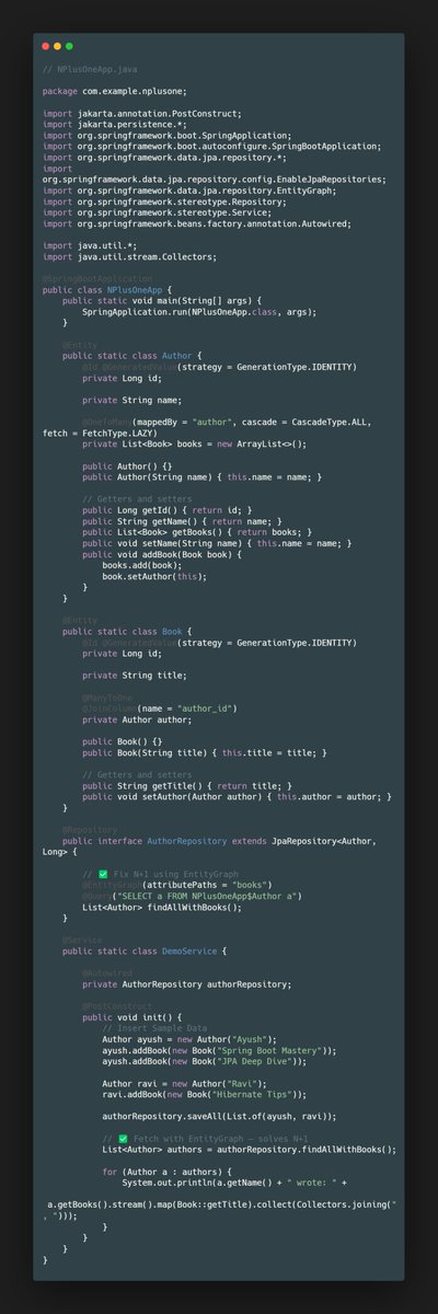 ayshriv's tweet photo. ✅ Spring Boot + JPA + H2 + @EntityGraph

#java #springboot #jpa #h2 #entitygraph https://t.co/gJIaIwaOJn