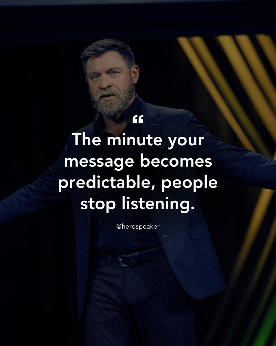 HeroSpeaker's tweet image. If they think they know what’s coming they move on to other things. And what they’re really saying is “nothing new here, I’ve heard this before.” The more predictable you become, the more you sound like everyone else.
#predictable #predictability #supergood #superhuman