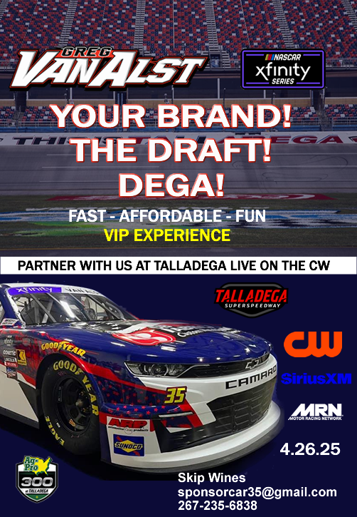 WinesGroup's tweet photo. @yhroofing4u we have a spot just for you @TALLADEGA  in the @NASCAR_Xfinity Series 4.26.25 live on @TheCW   . Let's get you on the stage and in the draft and promote your company. We have many options that include VIP access. https://t.co/mnTuK1XFie