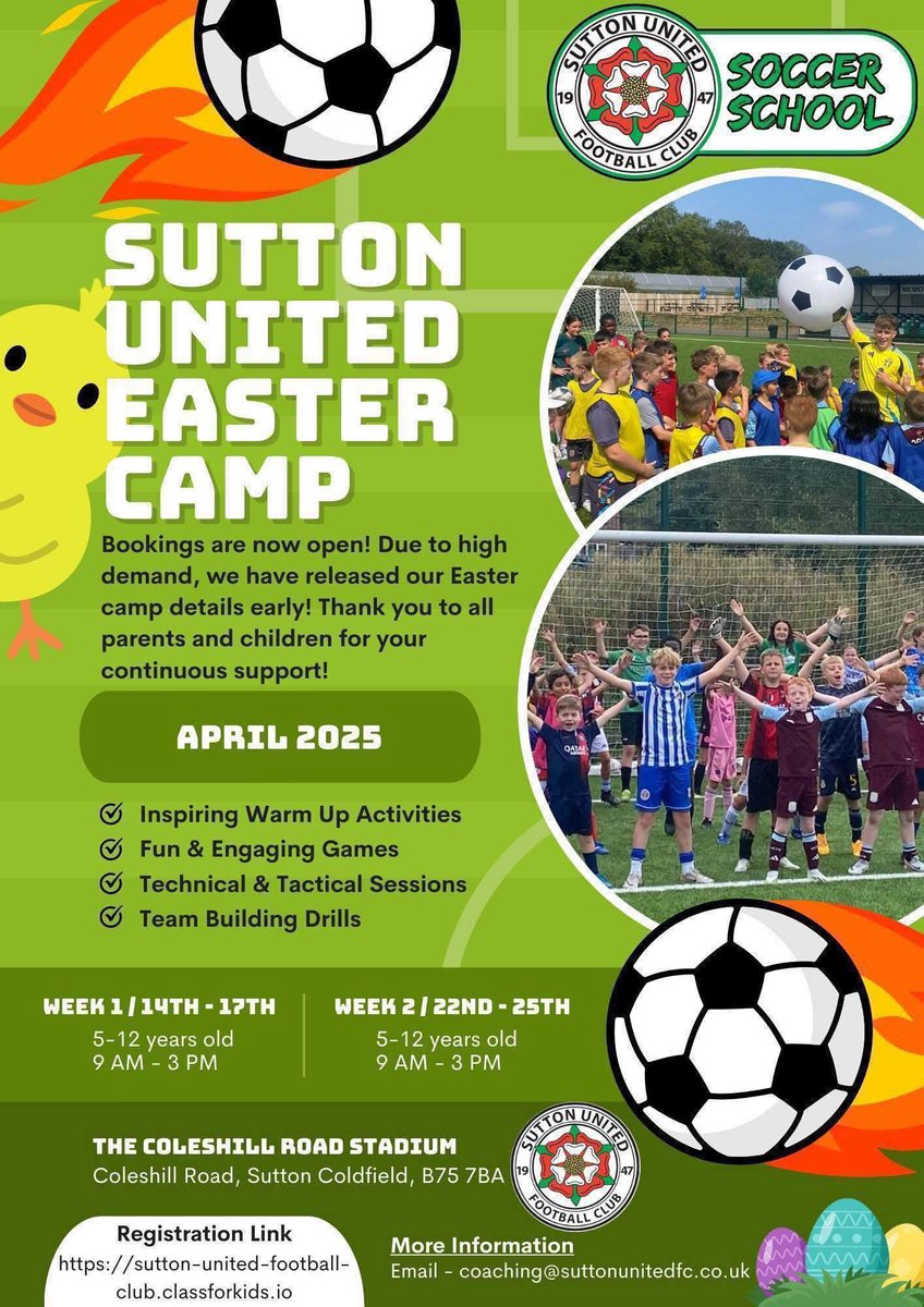SuttonUtdFC's tweet image. Easter Camp - Week 2 is around the corner. 🤩⚽️

Thank you to everyone that attended Week 1 of our Easter Training Camp, Your support is always appreciated! It means the world to us… 

Book your place for Week 2 now:
👉 …-united-football-club.classforkids.io/camp/28

#EasterCamp
#DevelopingTheFuture