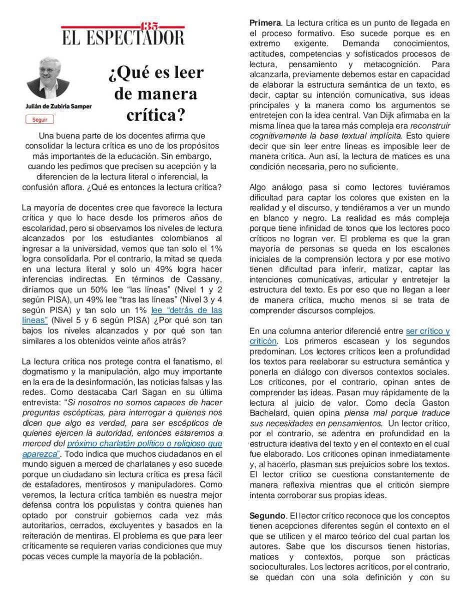 virginiog's tweet photo. Leer críticamente, verificar fuentes o cuestionar suposiciones es crucial en una sociedad con una IA con sesgos/alucinaciones y una sobrecarga de información con desinformación dónde es difícil separar hechos de ficción

Pero ¿Qué es leer críticamente?
@juliandezubiria https://t.co/LilQBYyBj6