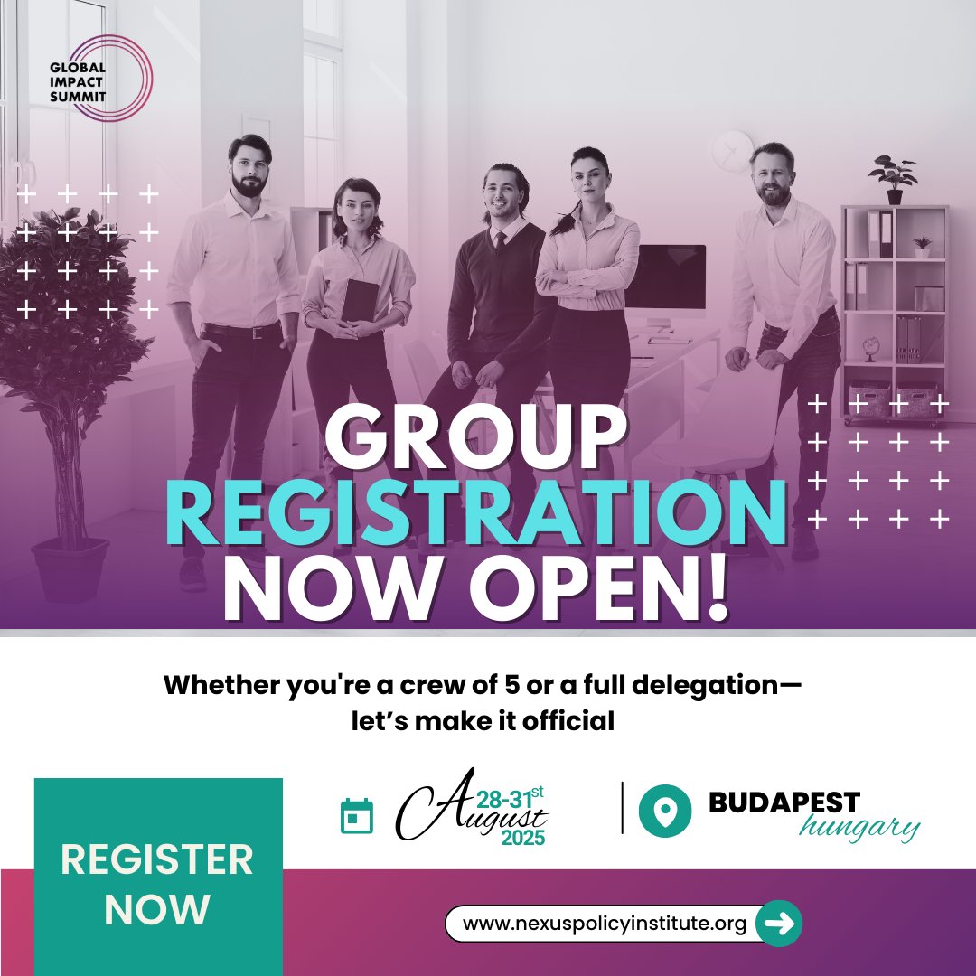 nexus_ppi's tweet image. Bring your team of 5 or more and join us at GIS 2025 in Budapest!

🗓️ August 28-31, 2025

🌍 Meet the next generation of leaders

Register now:
nexuspolicyinstitute.org/gis2025

#NPPI #GIS2025 #GroupRegistration #Budapest2025