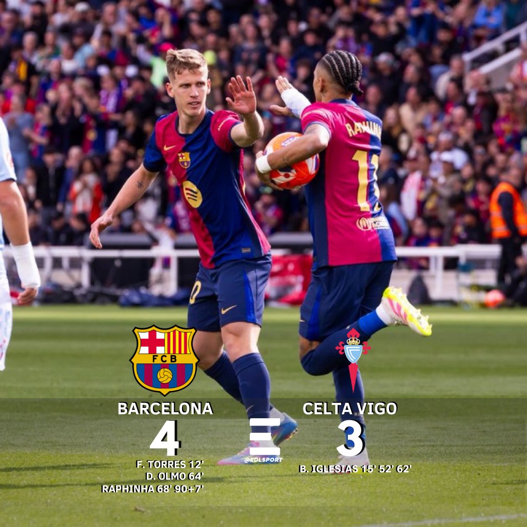 ¡REMONTADA Y MÁS LÍDERES!⚽️🔥

Barcelona lo perdía 3-1 y remontaron con un gol al minuto 90+7 de Raphinha.

❌Robert Lewandowski salió lesionado.

⚽️Barcelona más líder que nunca con 6 puntos de ventaja sobre el Real Madrid y 18 puntos en disputa.

#EDLSport #Barcelona