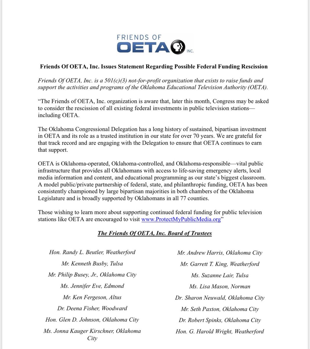 Friends Of OETA, Inc. Issues Statement Regarding Possible Federal Funding Rescission