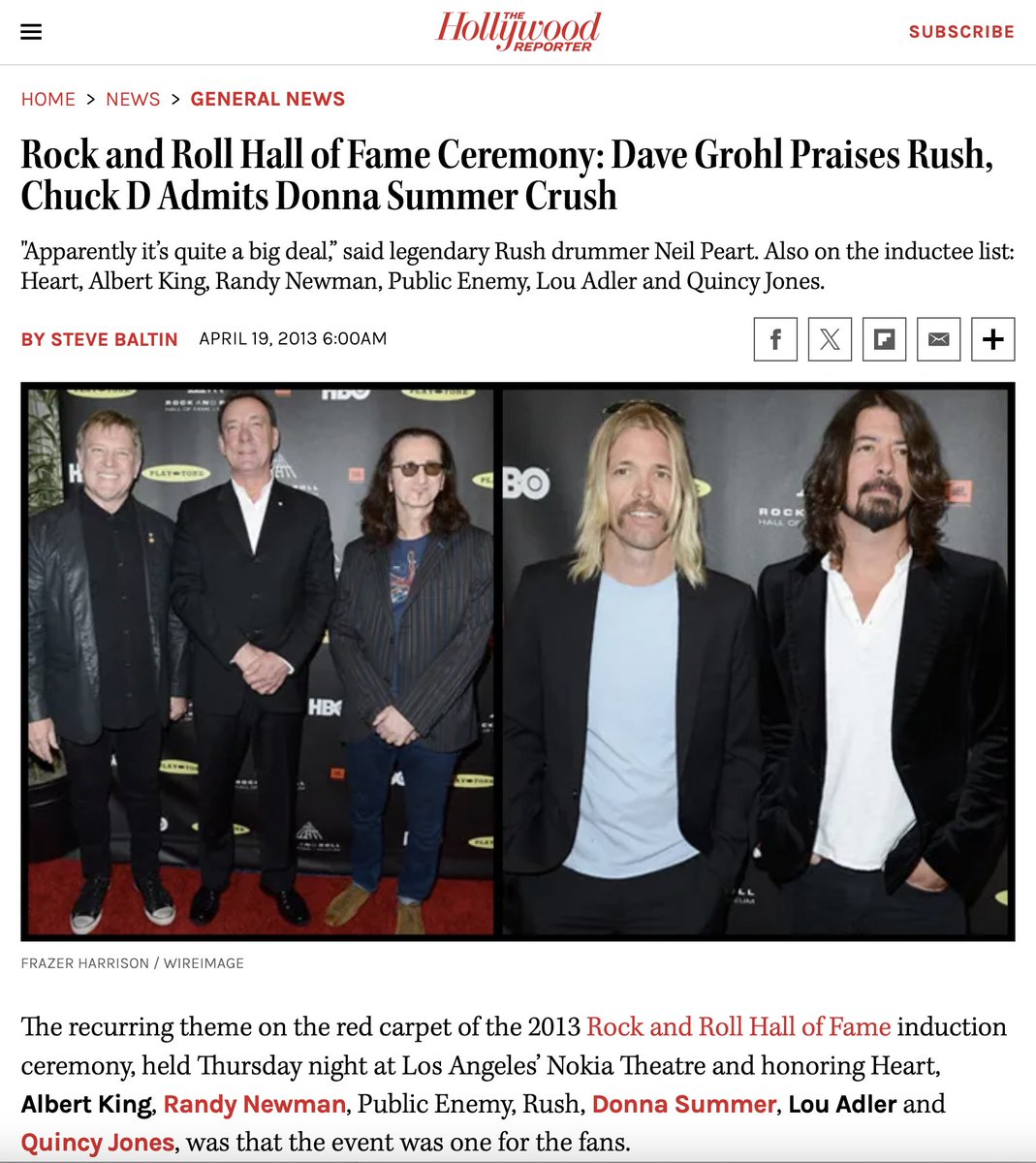 April 19, 2013 - "Rock and Roll Hall of Fame Ceremony: Dave Grohl Praises Rush, Chuck D Admits Donna Summer Crush" hollywoodreporter.com/news/general-n…