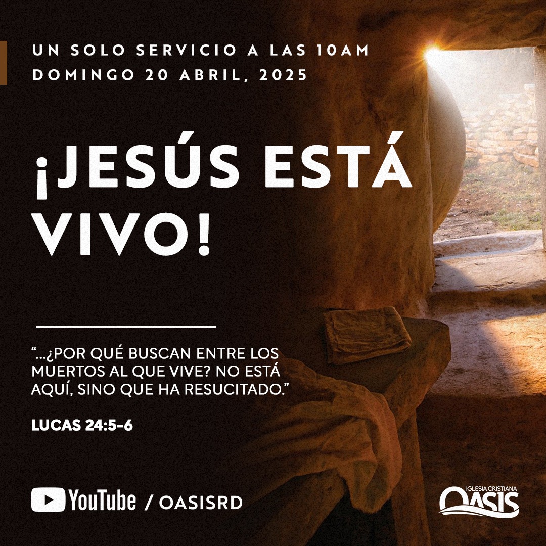 OasisRD's tweet photo. Les informamos que esté Domingo 20 de Abril, tendremos un solo servicio dominical, a las 10:00 am, si el Señor lo concede.

Acompáñanos a adorar el glorioso Nombre de nuestro Señor Jesucristo resucitado y exaltado a la derecha de la Majestad, en las alturas. https://t.co/EY3lubLlCh