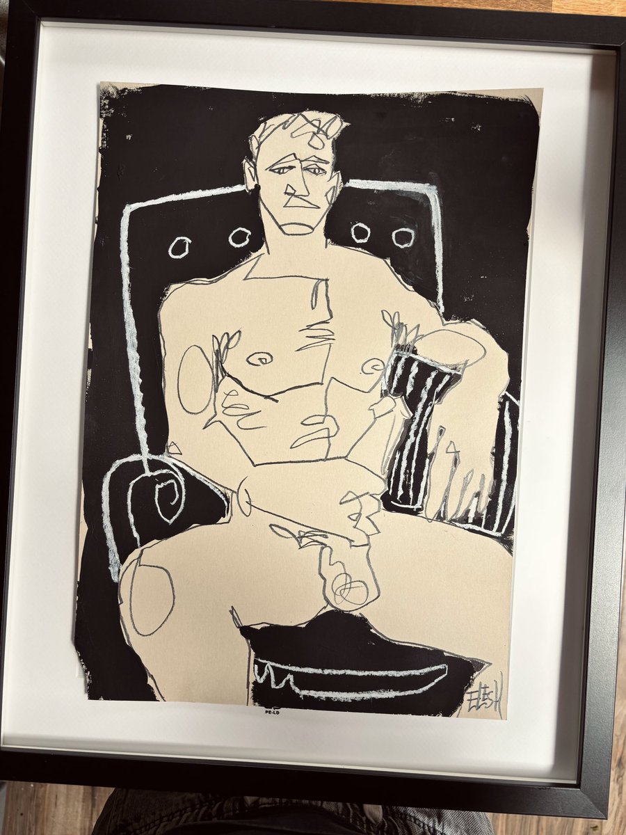 Blind contour drawing of a stud in posing. Graphite, acrylic and chalk.