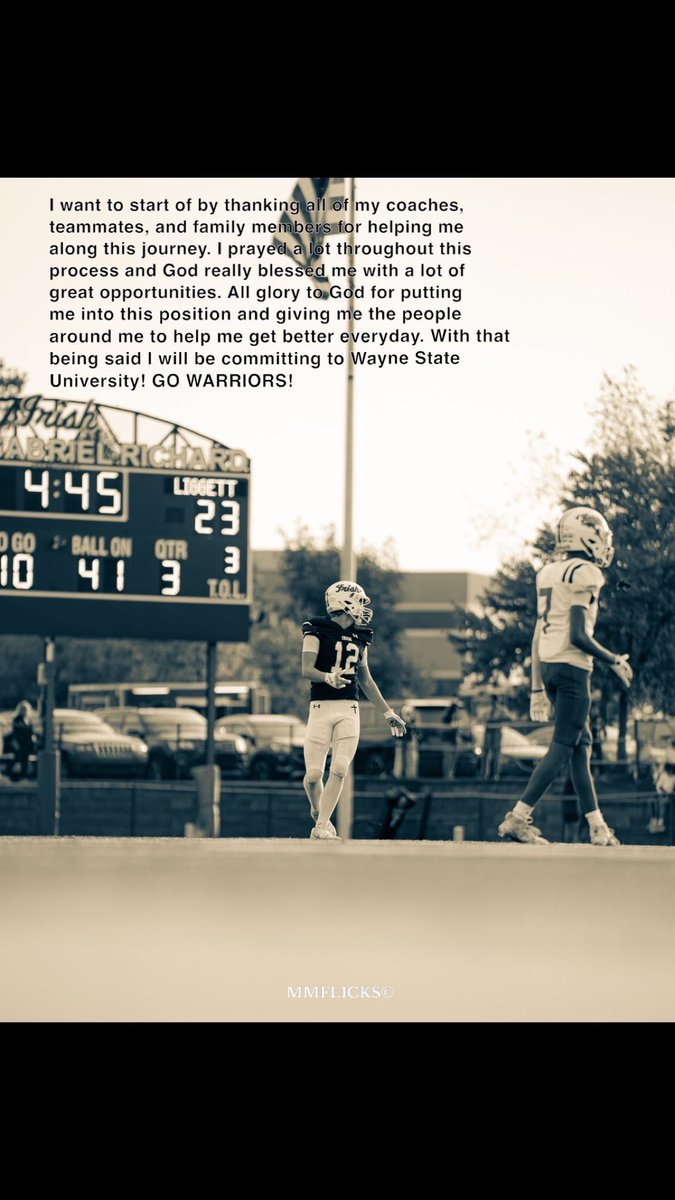 LiamDisco12's tweet photo. After lots of time and prayer I will be committing to WAYNE STATE UNIVERSITY!! @WSUWarriorFB @Coach_Rob_WSU @FGRHSAA @FGRathletics @Coach__Robinson @TheD_Zone https://t.co/jfADWti8rn