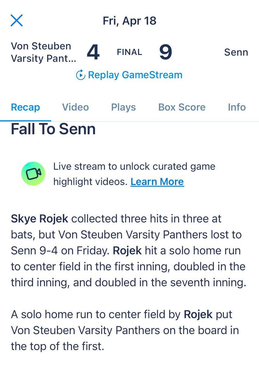 Skye Rojek (@skyerojek_1) on Twitter photo No video yesterday, but we played a hard fought loss against Senn HS. I was 3-4 with an OTF HR, 2 doubles, an intentional walk and caught 2 runners stealing on the bases! We play Senn again on Monday for round 2! <a href="/Windmills2028/">Oak Park Windmills 2028 Cruz</a> <a href="/VonSteubenMSC/">Von Steuben MSC</a> No video yesterday, but we played a hard fought loss against Senn HS. I was 3-4 with an OTF HR, 2 doubles, an intentional walk and caught 2 runners stealing on the bases! We play Senn again on Monday for round 2! <a href="/Windmills2028/">Oak Park Windmills 2028 Cruz</a> <a href="/VonSteubenMSC/">Von Steuben MSC</a>