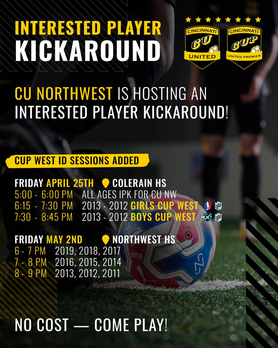 Updates to our IPK for CU Northwest! 👏⚽

CUP West ID Sessions added for 2013-2012 on Friday 25th April. 🔥

See our links below to register your interest or join our IPK!
links.cincinnatiunitedsc.com

Know someone who might be interested? please share! 🔗🔗🔗