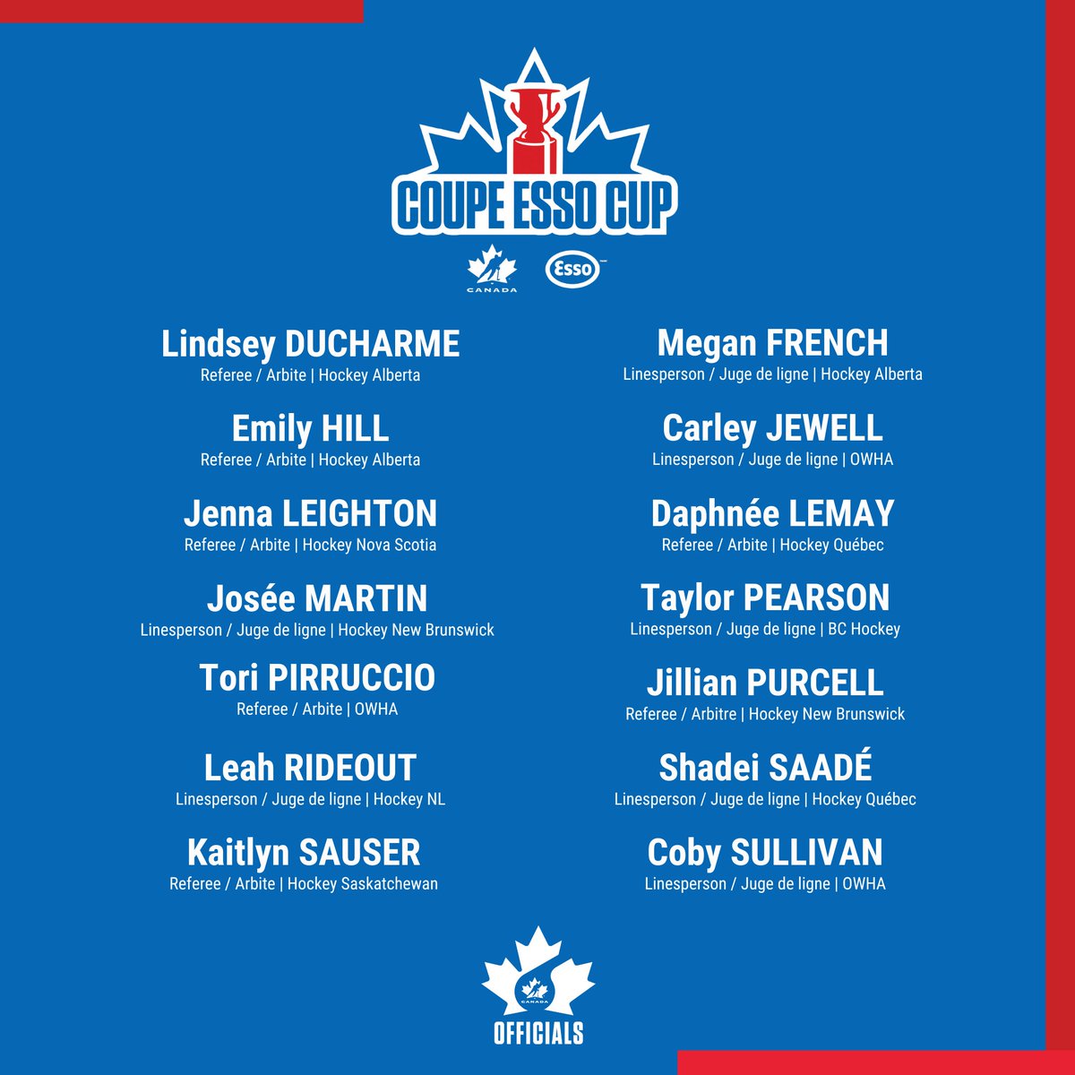 Congratulations to the 1️⃣4️⃣ officials selected for the 2025 Esso Cup. The tournament kicks off Sunday in Lloydminster!

Félicitations aux 1️⃣4️⃣ officielles sélectionnées pour la Coupe Esso 2025. Le tournoi débutera dimanche à Lloydminster!