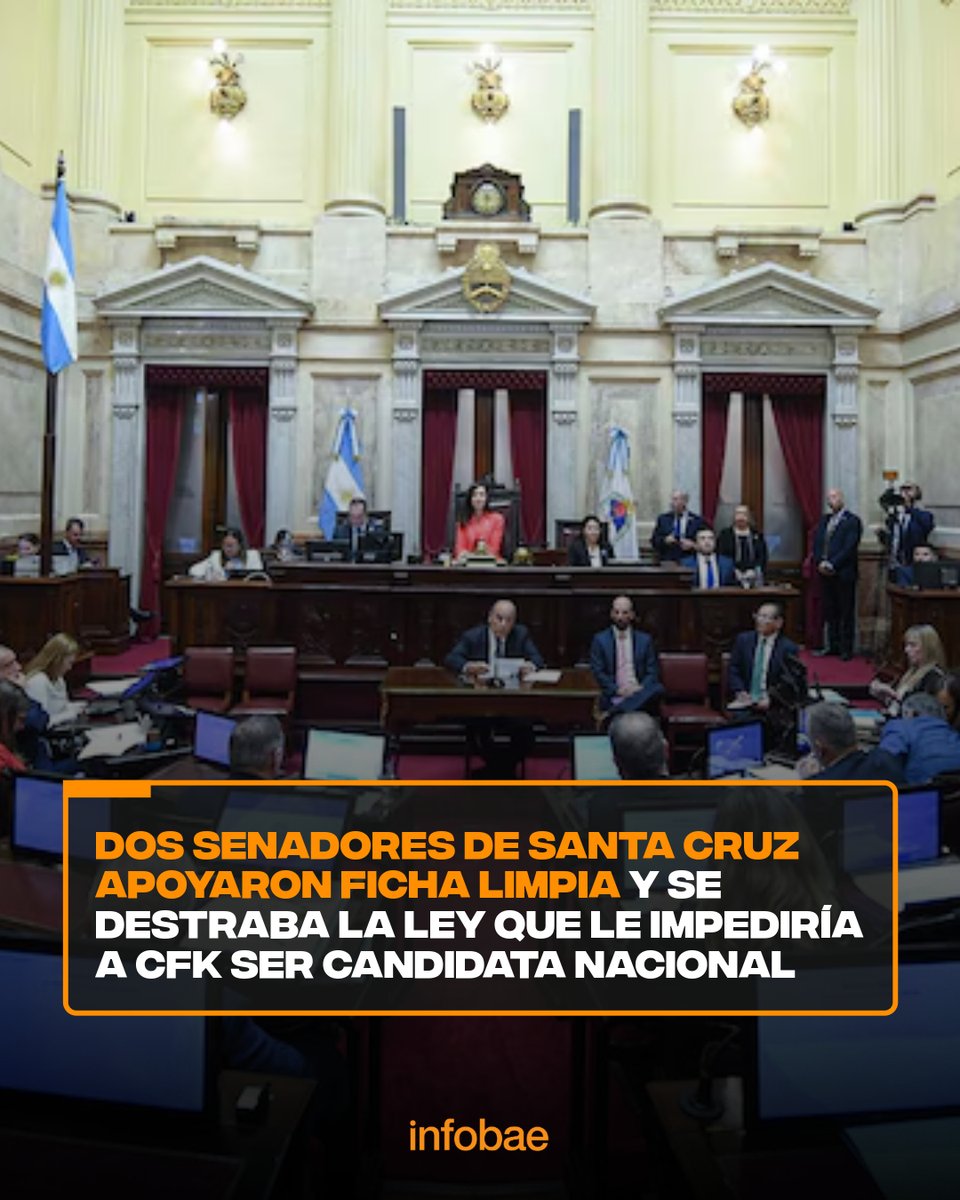 Dos senadores de Santa Cruz apoyaron Ficha Limpia y se destraba la ley que le impediría a CFK ser candidata nacional infob.ae/42iLAS2