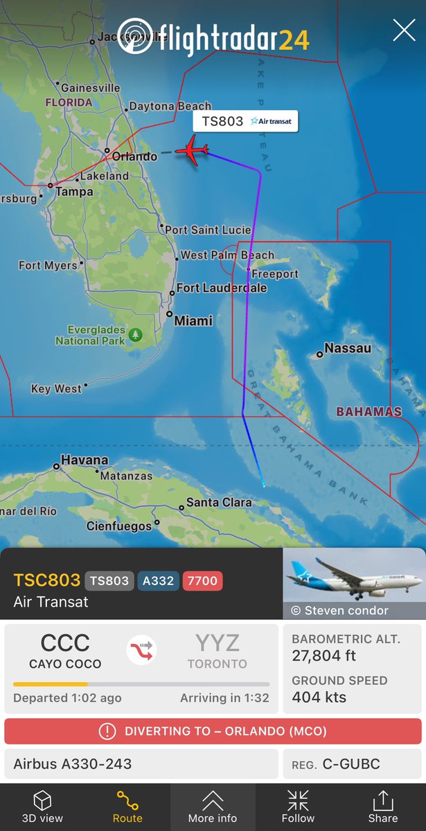 flightradar24's tweet photo. #TS803 from Cayo Coco to Toronto squawking 7700 and diverting to Orlando.
https://t.co/tUedFxPcXZ https://t.co/4JIHGX5Ig4