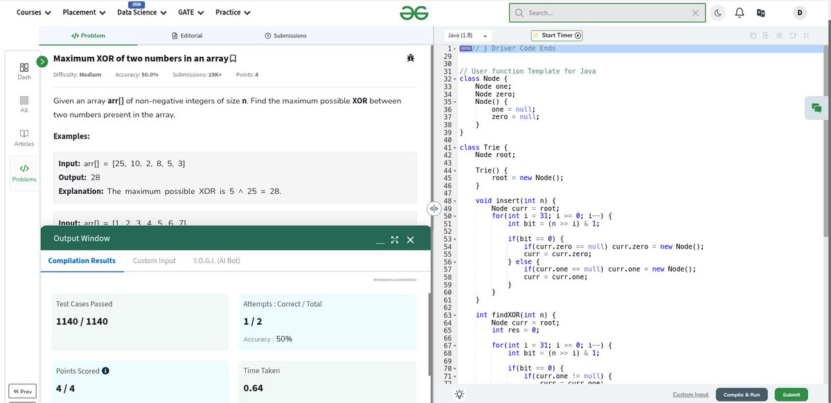 hi__dev__'s tweet image. Day-149 of #gfg160 and #geekstreak2024 
Today, I solved the problem of &quot;Maximum XOR of two numbers in an array.&quot;
@geeksforgeeks