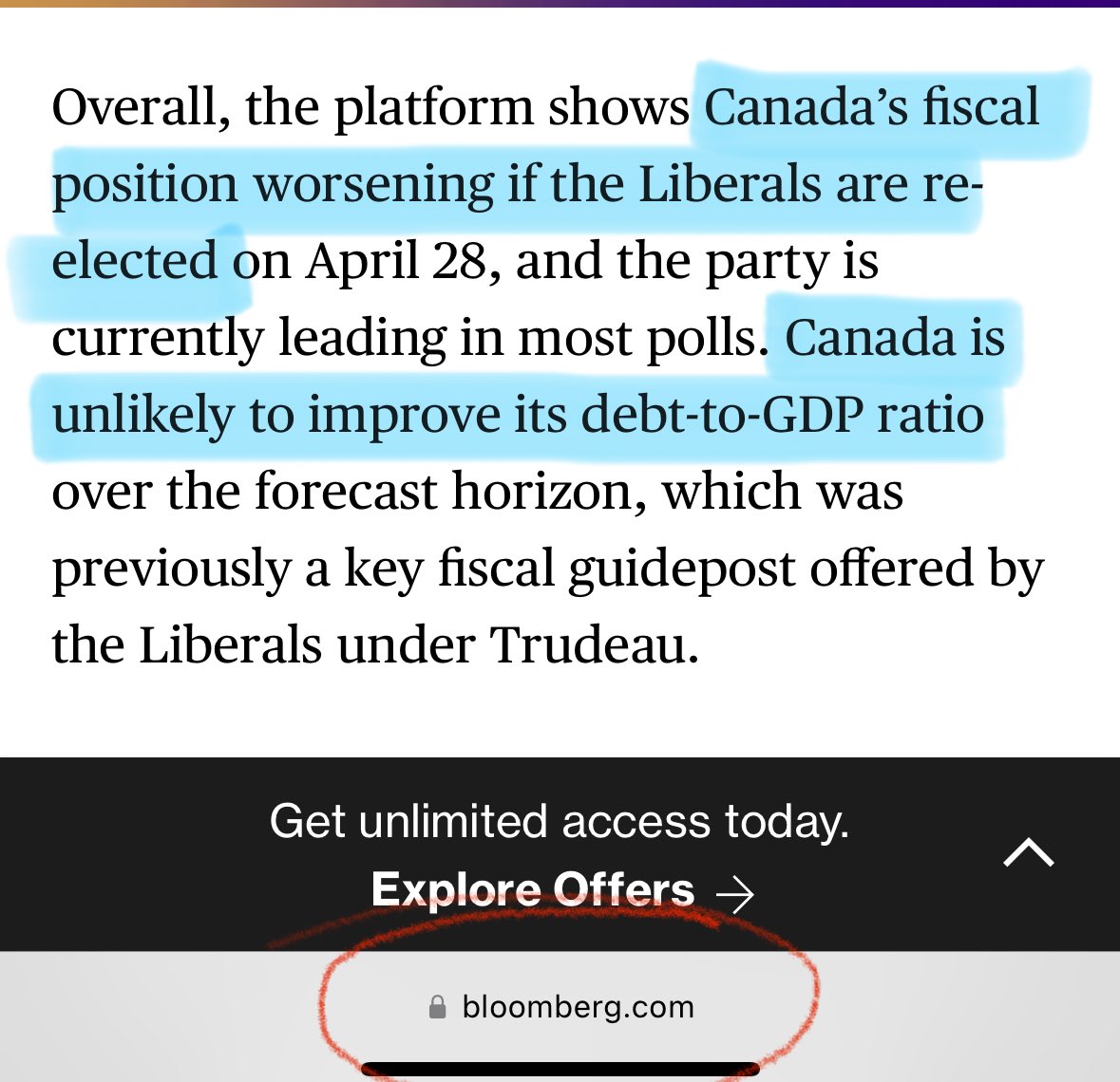 WOW 🤯 Bloomberg just said, if CARNEY is re elected, Canada’s fiscal position will WORSEN, and our debt to GDP unlikely to improve. VOTE properly, Canada 🇨🇦