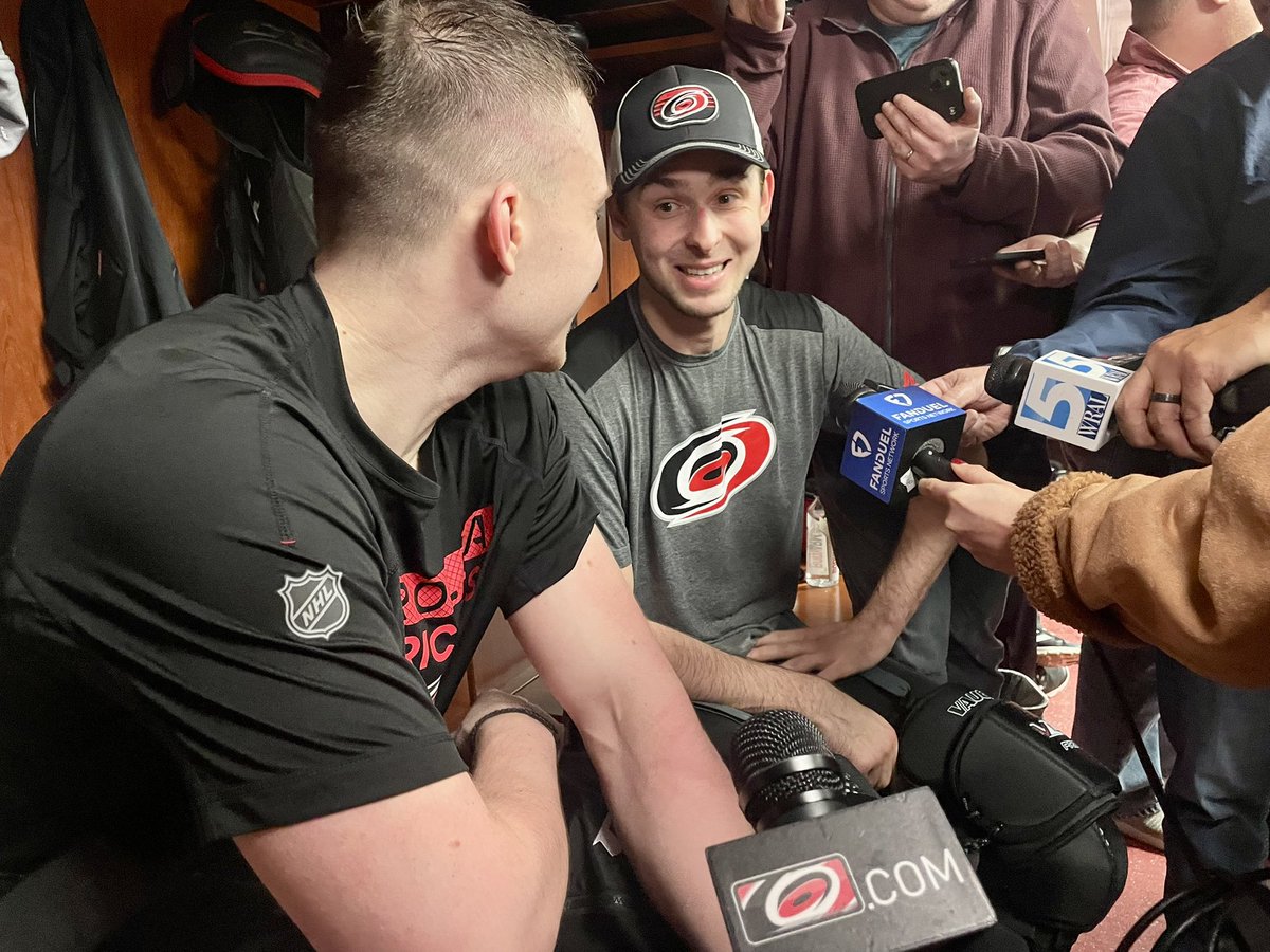 WaltRuff's tweet photo. Andrei Svechnikov was initially tabbed to be the translator for Alexander Nikishin’s first interview as a member of the #Canes, but as we waited for #37 to get off the ice, Pyotr Kochetkov was called upon to pinch hit.

That was a riot.

A true “hockey is great” moment. https://t.co/vtQtR7tiWe