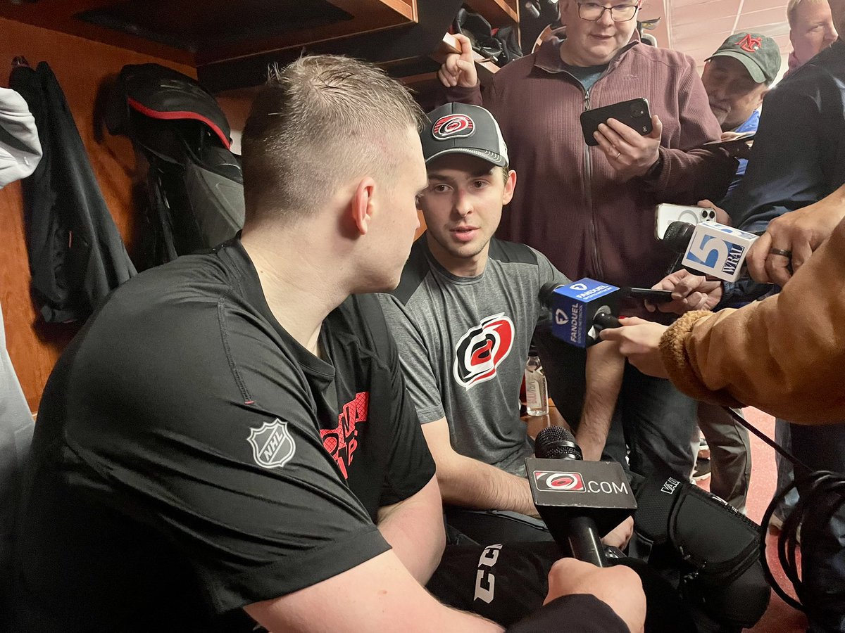 WaltRuff's tweet photo. Andrei Svechnikov was initially tabbed to be the translator for Alexander Nikishin’s first interview as a member of the #Canes, but as we waited for #37 to get off the ice, Pyotr Kochetkov was called upon to pinch hit.

That was a riot.

A true “hockey is great” moment. https://t.co/vtQtR7tiWe
