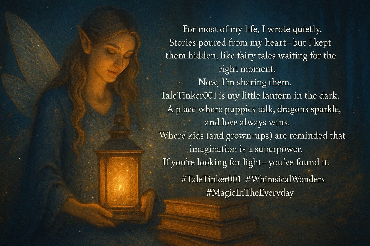 EYESOPN's tweet image. For most of my life, I wrote quietly.
Stories poured from my heart—but I kept them hidden, like fairy tales waiting for the right moment.
Now, I’m sharing them.
TaleTinker001 is my little lantern in the dark.
A place where puppies talk, dragons sparkle, and love always wins.…
