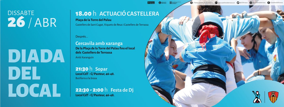 CDTerrassa's tweet photo. Dissabte 26, tenim cita!
Conmemorem els 45 anys així com la implicació dels membres de la Colla en la seva trajectòria i obtenció del local! 

Actuem a la Torre del Palau, a casa.  I després xaranga, sopar, futbol, dj…✨🍽️💫🕺

#castells #terrassa https://t.co/sshG1waUOI