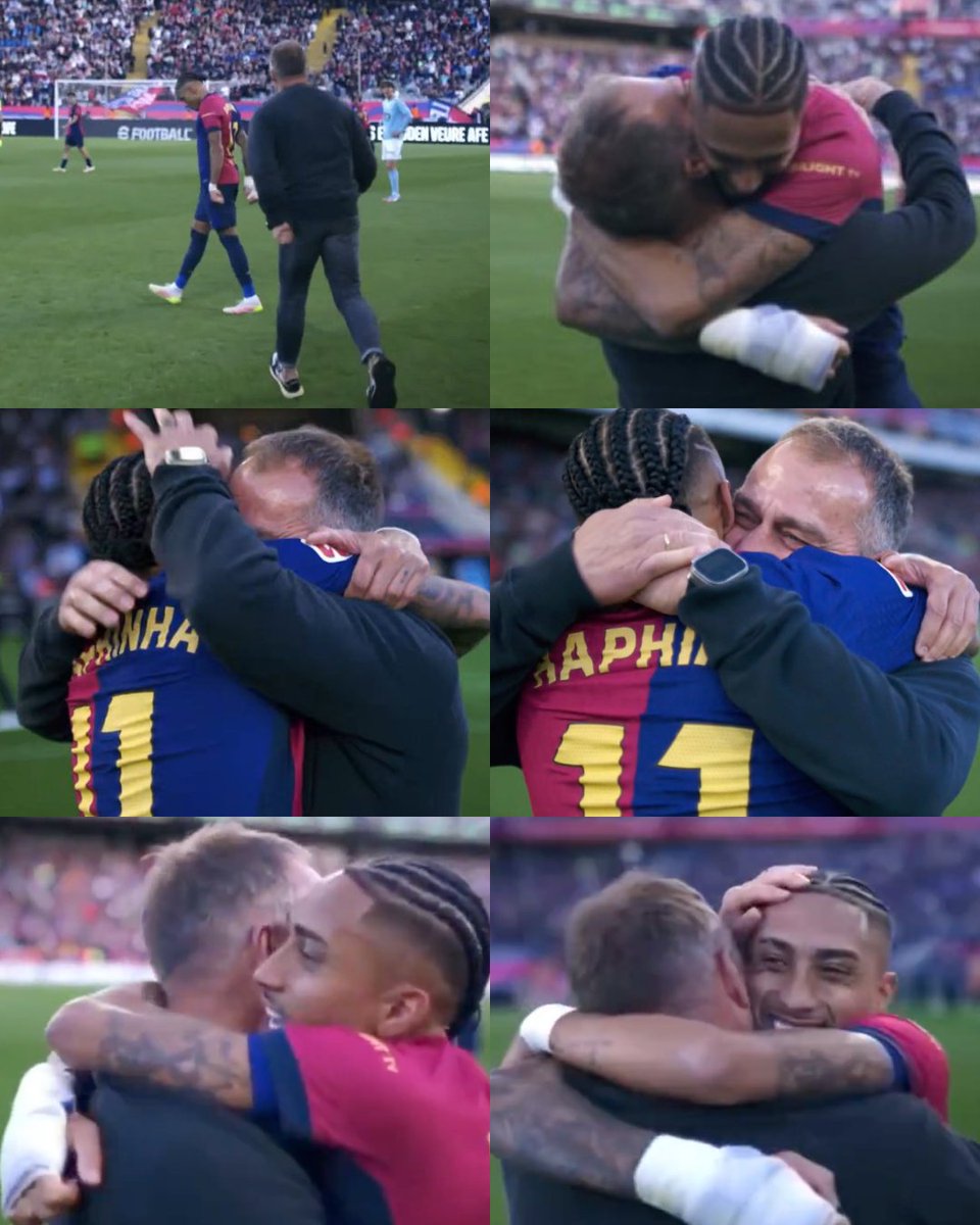 InvictosSomos's tweet photo. ¿Lo primero que hizo Hansi Flick después de la remontada del FC Barcelona ante Celta de Vigo? Meterse a la cancha para abrazar a Raphinha. El entrenador alemán sabe que la reacción de hoy puede valer la Liga de España y, por eso, se fue directo a abrazar al brasileño, quien lideró la voltereta con un DOBLETE Y UNA ASISTENCIA. La imagen del abrazo es maravillosa porque define perfectamente lo importante que es la confianza en el fútbol (y en la vida). Raphinha consideró irse del Barça en verano, pero una llamada de Hansi Flick, diciéndole que contaba con él, lo cambió todo. Y ahora, gracias a eso, ambos están soñando con ganarlo todo en su primera temporada juntos. Qué hermosa secuencia. MOMENTAZO TOTAL.