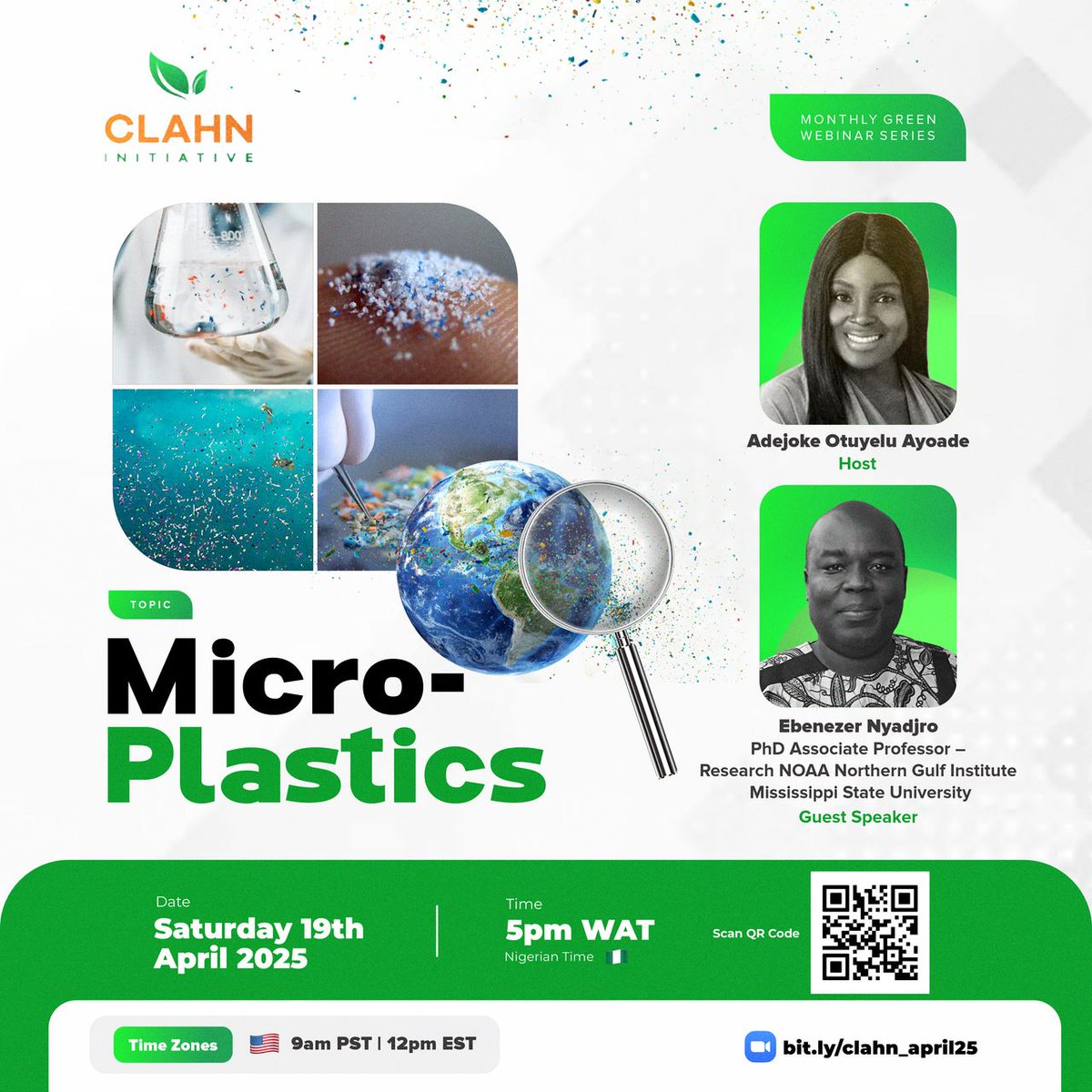 In session❗
Join the CLAHN Initiative webinar happening now. Come listen to 🎓Dr. Ebenezer Nyadjro, NOAA Research Professor at Mississippi University, give an impactful lecture on microplastics and their effects on wildlife and human health.
 bit.ly/clahn_april25

#Ecotalk