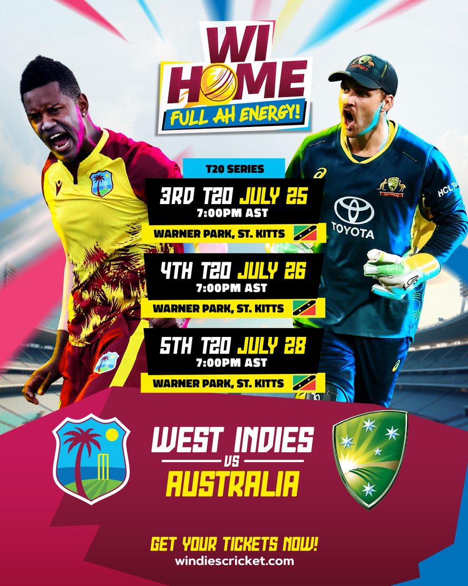 windiescricket's tweet photo. St. Kitts & Nevis! 🇰🇳
Get ready for 3️⃣ Charged🔋Up T20Is!🏏🌴
WI HOME & FULL AH ENERGY!!!⚡
Get Your Tickets 🎫 Now!🔽
https://t.co/QdYJ7MFJ3N
*50% OFF for Seniors & Children Under 16
#WIHome #FullAhEnergy #WIvAUS https://t.co/ZE9FgtHsxW