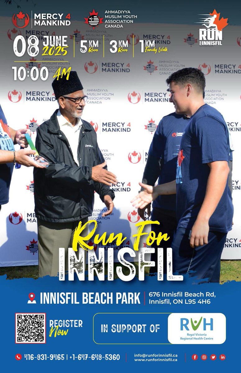 𝗥𝗨𝗡 𝗙𝗢𝗥 𝗜𝗡𝗡𝗜𝗦𝗙𝗜𝗟

Organized by Innisfil's Muslim Youth

⭐️ Supporting Royal Victoria Regional Health Center

🗓️ JUNE 8, 2025
📍 Innisfil Beach Park (676 Innisfil Beach Rd), Innisfil
🕗 10AM

Register: raceroster.com/events/2024/85…

#RunForInnisfil #Mercy4Mankind #Innisfil