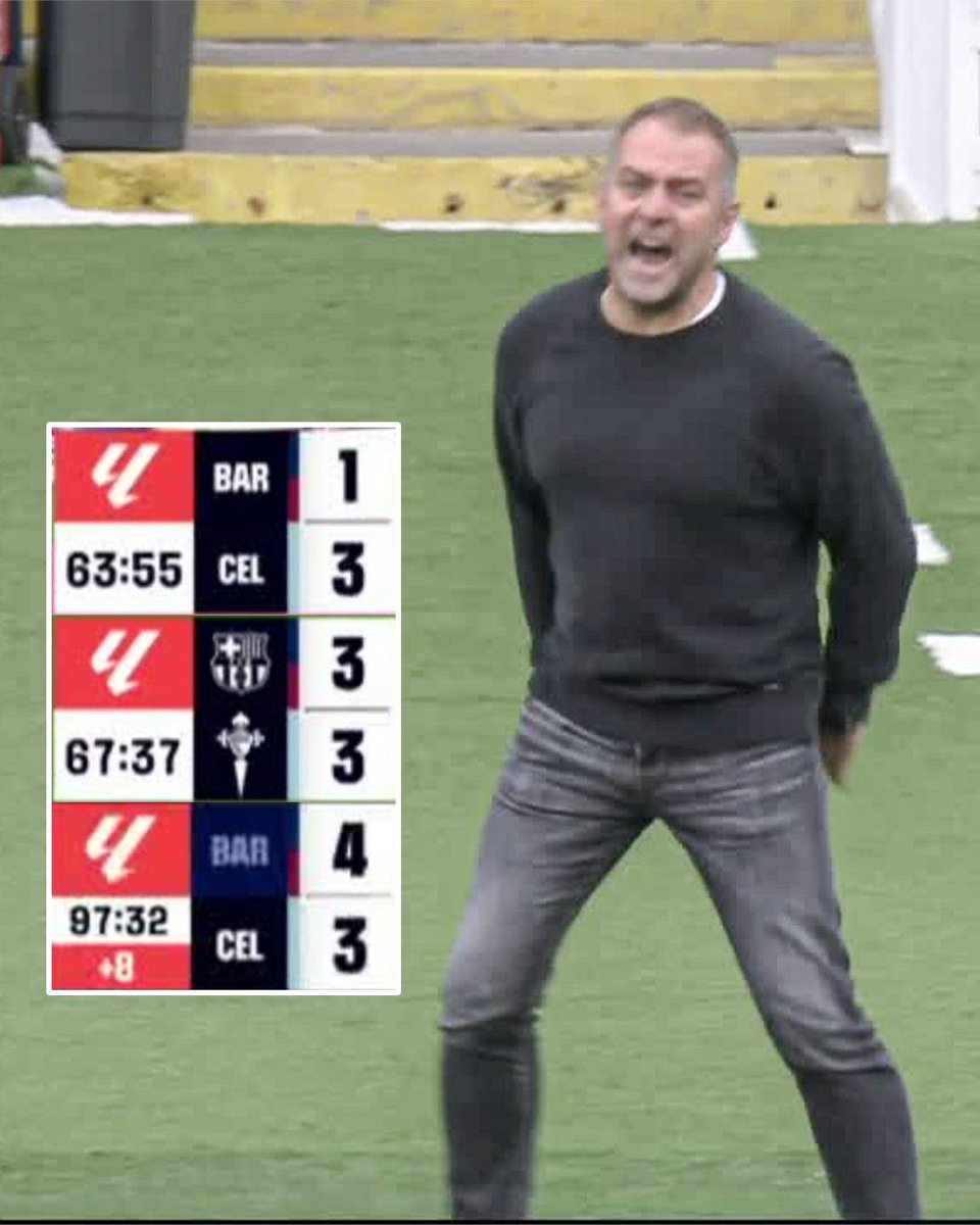 ⏱️ 12' ➜ Barcelona 1-0 Celta
⏱️ 15' ➜ Barcelona 1-1 Celta
⏱️ 52' ➜ Barcelona 1-2 Celta
⏱️ 62' ➜ Barcelona 1-3 Celta
⏱️ 64' ➜ Barcelona 2-3 Celta
⏱️ 68' ➜ Barcelona 3-3 Celta
⏱️ 98' ➜ BARCELONA 4-3 CELTA

“90 minuti en el Estadio Olímpico de Montjuic son molto longo”. 😉