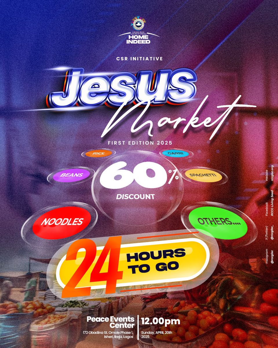 rccglsc_'s tweet photo. It’s less than 24 hours to Jesus Market!
Get ready for an atmosphere of love, giving &encounters that will bless lives.
Come expectant and yes, your ATM card and transfer channels will be available for ease of payment.
Don’t miss it!
#happyeaster #jesusmarket #teamard #rccglsc https://t.co/GQQipy1IBg