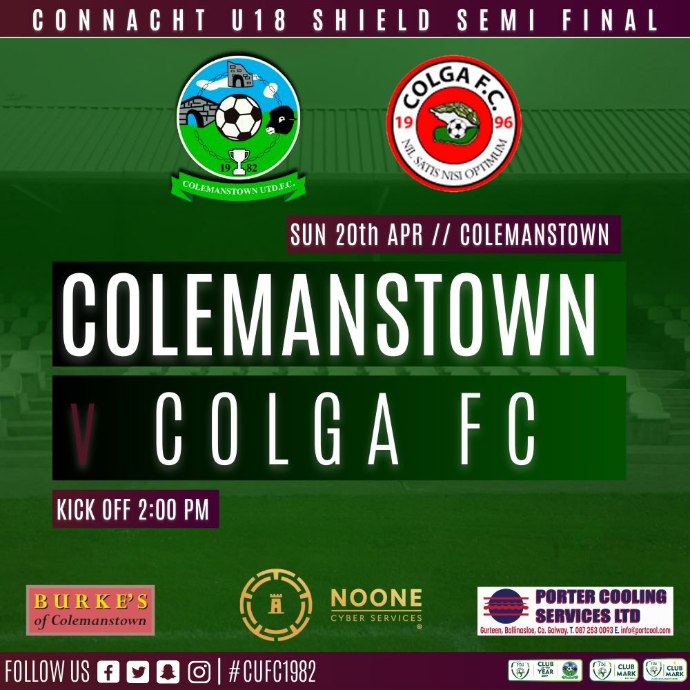 cufc1982's tweet photo. Best of look to our U18 Boys team and management tomorrow as they take on Colga FC in the Connacht Shield Semi Final. Kick off is 2PM in Colemanstown.

#CUFC1982 https://t.co/w9XYScwdW9