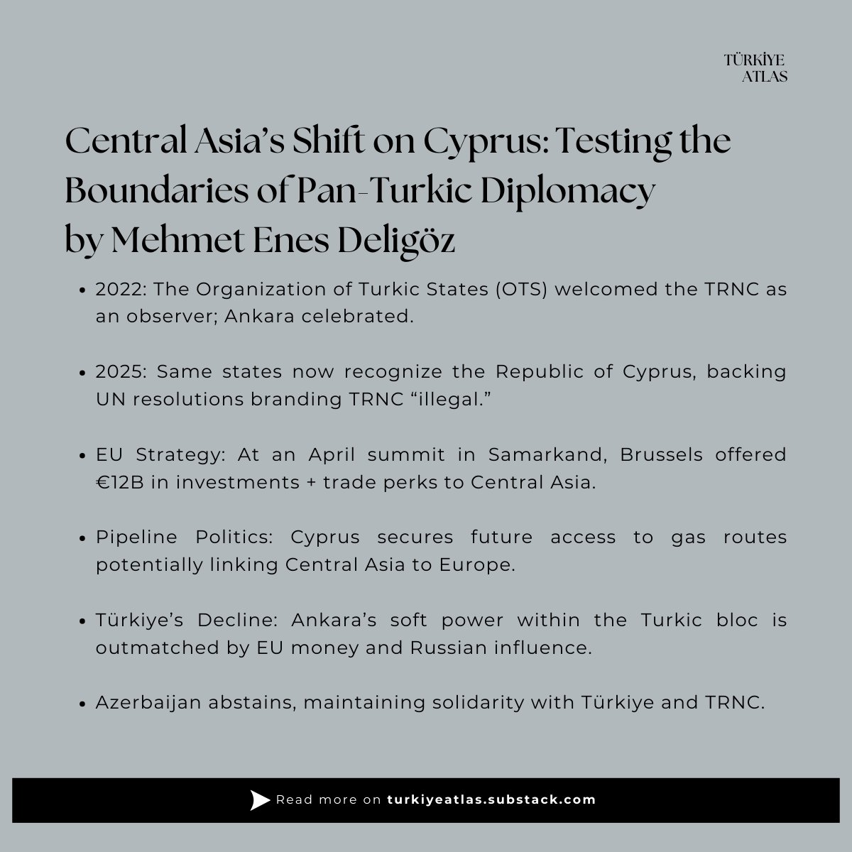 TurkiyeAtlas_'s tweet photo. Pan-Turkic unity just hit a wall.

🇰🇿🇺🇿🇹🇲🇰🇬 → 🇨🇾

EU cash > cultural kinship?

Analysis by Mehmet Enes Deligöz in Türkiye Atlas

🔗 https://t.co/TOEKmywBa8

#TRNC #TurkicStates #EU #TürkiyeAtlas https://t.co/HG7KKyfkNQ