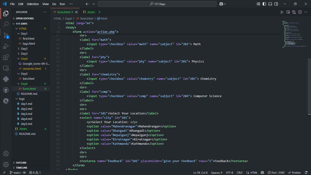 asish_mehata's tweet photo. Day 6 of #111DaysOfLearning π§
Today I learned about:
β
Semantic tags in HTML
β
colspan, rowspan in tables
β
Forms: action, input types, label, radio, checkbox, select, textarea
β
Concepts of class & id.
Learning the basics is fun.π₯
#WebDev #HTML #Frontend #CodeForChange https://t.co/ULBqp5Gwms