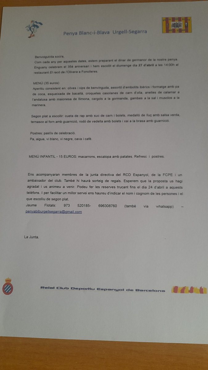 JaumeFC's tweet photo. El proper diumenge 27 , la penya fara el dinar anual , si voleu vindre només cal apuntar-vos https://t.co/SIzM2AhrE7