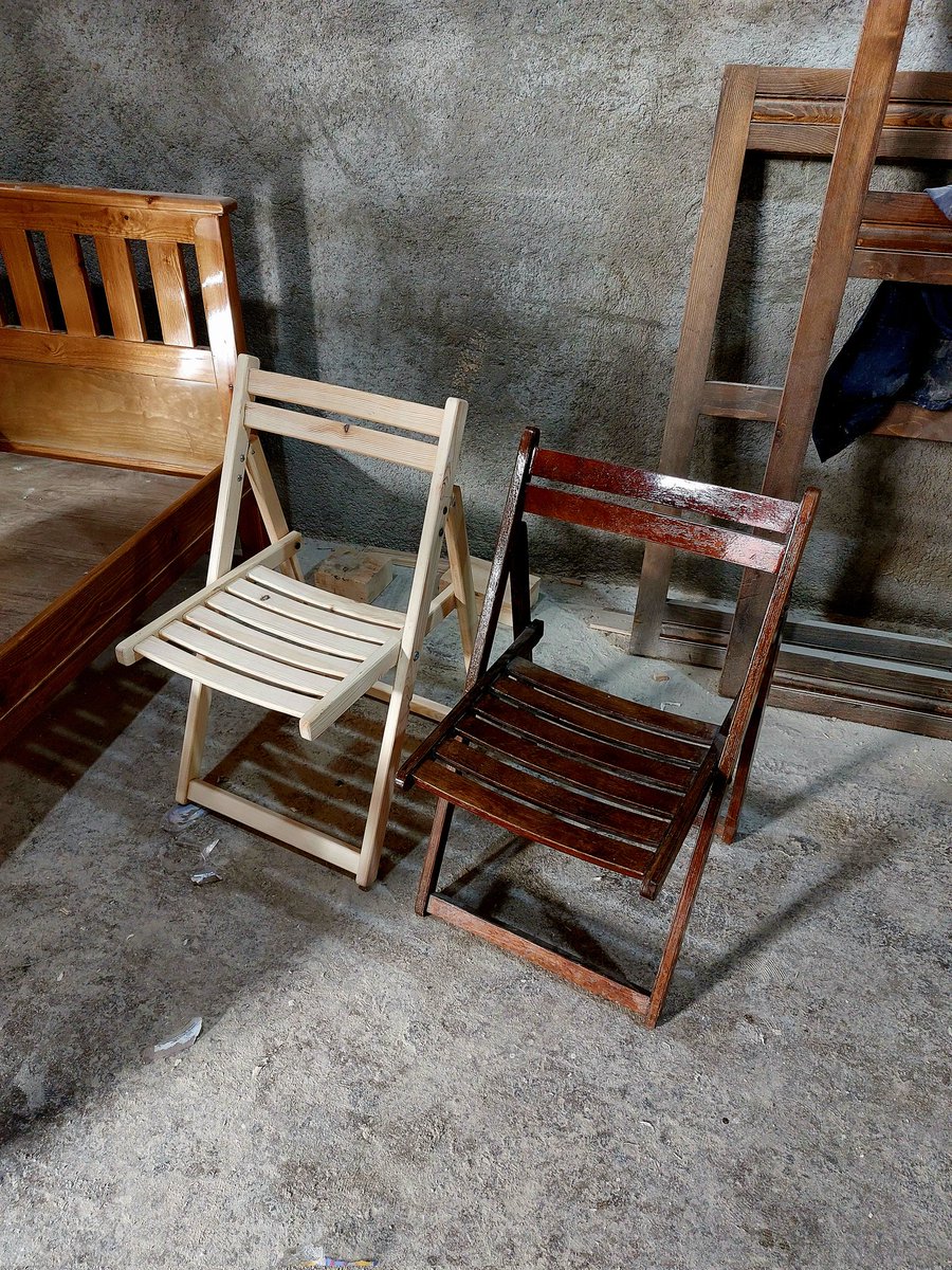woodworkin83834's tweet photo. Two handmade wooden folding chairs – natural vs stained finish. Simplicity meets craftsmanship! #Woodworking #HandmadeChairs #FoldingChair #WoodDesign #CarpentryArt https://t.co/oKT5EpI6Bw