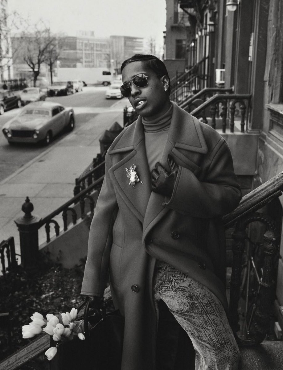 flyrebel's tweet image. Langston Hughes on the steps of his house in Harlem, 1958 &amp;amp; ASAP Rocky on those same steps, lensed by Tyler Mitchell for Vogue, 2025.
