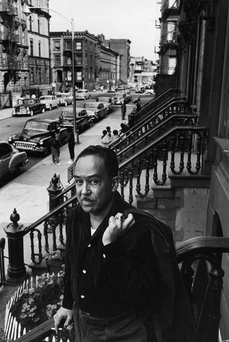 flyrebel's tweet image. Langston Hughes on the steps of his house in Harlem, 1958 &amp;amp; ASAP Rocky on those same steps, lensed by Tyler Mitchell for Vogue, 2025.
