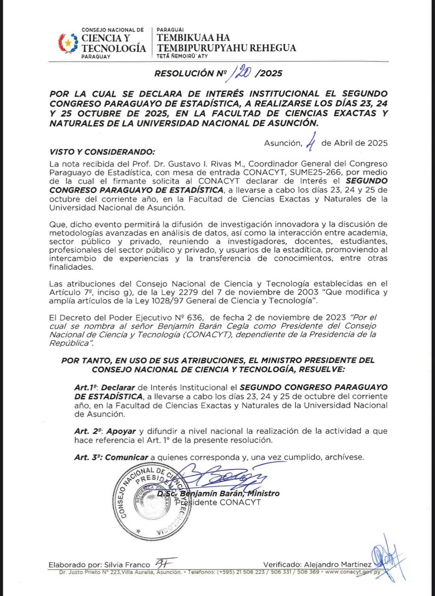 Cepy_py's tweet photo. El 2do CONGRESO PARAGUAYO DE ESTADÍSTICA ha sido DECLARADO DE INTERÉS INSTITUCIONAL por el @conacytparaguay  mediante la Resolución N° 120/2025. https://t.co/5uLUNG8vG6