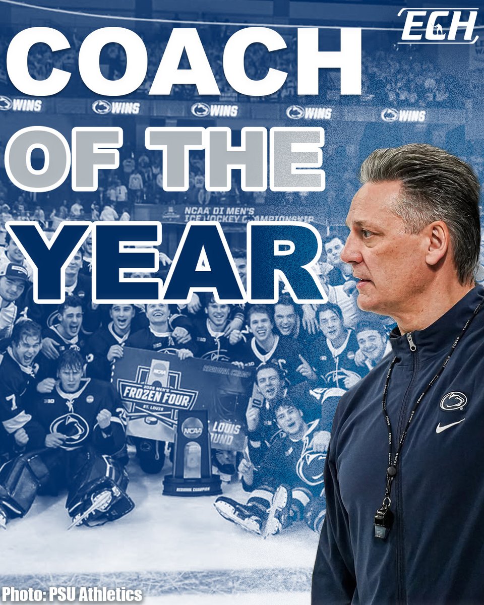 TeamECH's tweet photo. The 2024-2025 ECH Coach of the Year Award goes to Guy Gadowsky of @PennStateMHKY  🏆👏

Coach Gadowsky led the Nittany Lions to finish the year on a 13-4-3 run and a trip to their first Frozen Four appearance in team history, and did so with an incredible head of lettuce. 

Penn State finished the year ranked 5th in the USCHO National poll, after starting the season unranked.