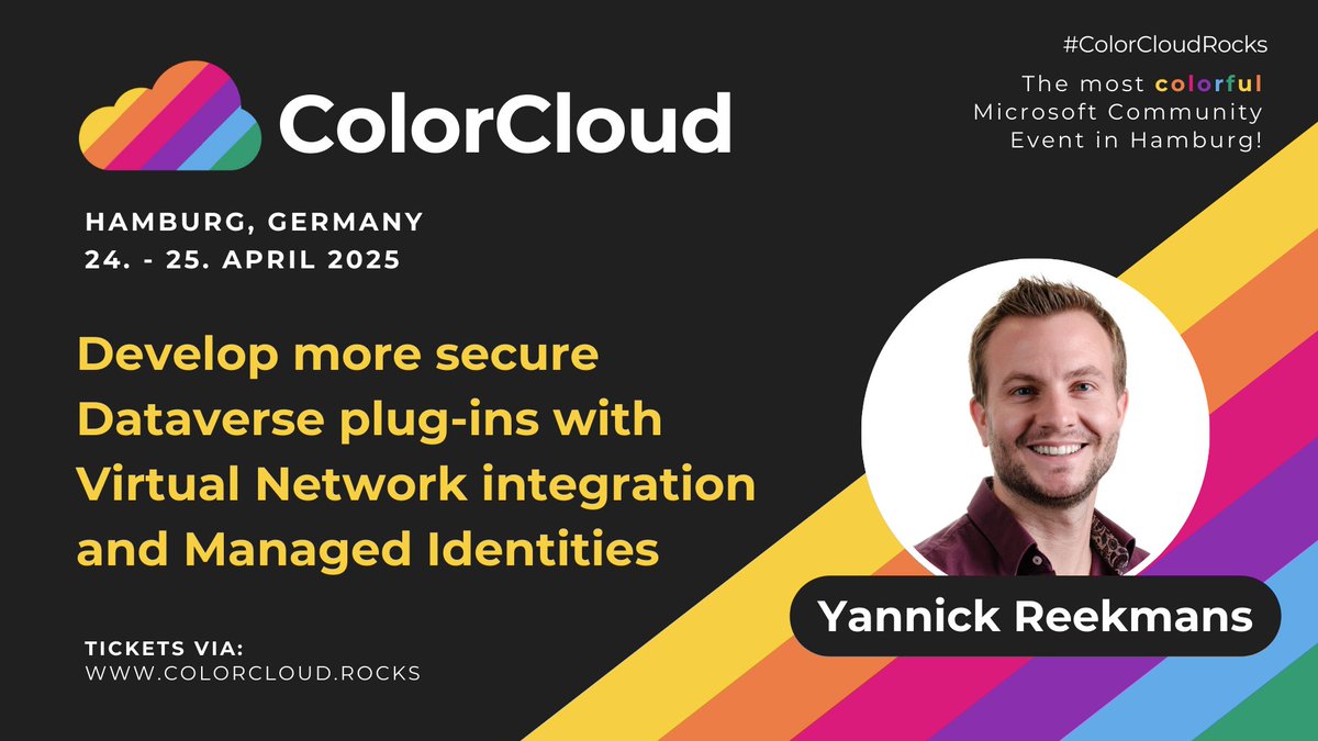 Yannick Reekmans (@yannickreekmans) on Twitter photo Can't believe it's already been 3 months since I stood on stage at <a href="/CTechTallinn/">Cloud Tech Tallinn #CTTT</a>, so I'm super excited for
<a href="/colorcloudrocks/">ColorCloud</a> next week in Hamburg!
Join me to learn about VNet Integration in #PowerPlatform & Managed Identities!
Tickets available on colorcloud.rocks ! Can't believe it's already been 3 months since I stood on stage at <a href="/CTechTallinn/">Cloud Tech Tallinn #CTTT</a>, so I'm super excited for
<a href="/colorcloudrocks/">ColorCloud</a> next week in Hamburg!
Join me to learn about VNet Integration in #PowerPlatform & Managed Identities!
Tickets available on colorcloud.rocks !