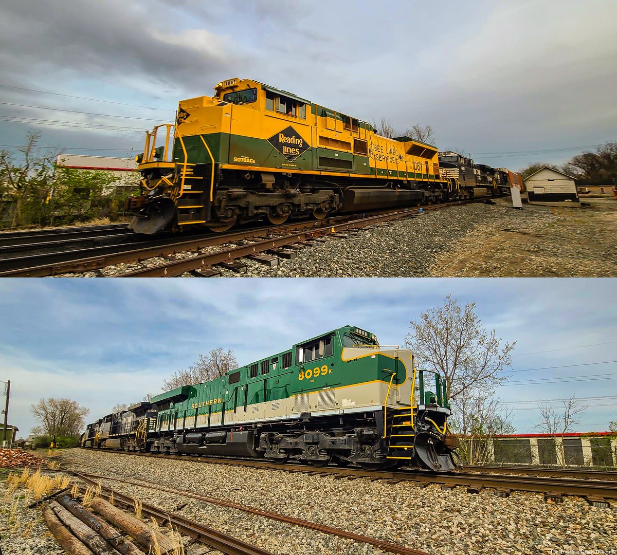 TTGandyDancer's tweet photo. My Good Friday treat was quite unexpected. While I was cleaning and performing maintenance at the former Silcot property, now an annex of the Ohio Railway Museum, I had the unexpected pleasure of spotting a couple of Norfolk Southern Heritage Units—NS 1067 "Reading Lines" and NS 8099 "Southern." I even managed to photograph both of them. Unfortunately, I missed capturing NS 4004, which, while not a heritage unit, was still nice to see. It had already grown dark by the time it passed, and I was occupied building a planter.

A quick note on volunteering - it's an enriching experience, where even a single person’s efforts can make a profound difference. Museums and similar organizations depend heavily on dedicated volunteers to thrive and survive; without new and enthusiastic individuals stepping up to learn and contribute, these institutions face the threat of decline. The Ohio Railway Museum, for example, has faced such challenges in the past but has since been revitalized by a vibrant and energetic community of volunteers. There’s always meaningful work to be done, whether it’s at ORM or another local organization, and your involvement can play a critical role in preserving and advancing these valuable operations for future generations. Why not consider lending a hand?

#PreserveHistory #VolunteerOpportunity #RailwayHeritage #SupportLocalOrganizations #MakeADifference #FutureGenerations #HistoricPreservation #railroadphtography #railfans_of_instagram #railfanning #NorfolkSouthern #diesellocomotive #trainphotography #ttgandydancer