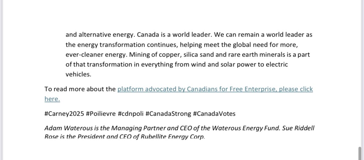 The group Canadians for Free Enterprise have decided to release a series of statements in the next few days on why they are endorsing <a href="/PierrePoilievre/">Pierre Poilievre</a> for Prime Minister. They’ve asked me to share them. In this fifth and final piece, energy executives Adam Waterous and Sue