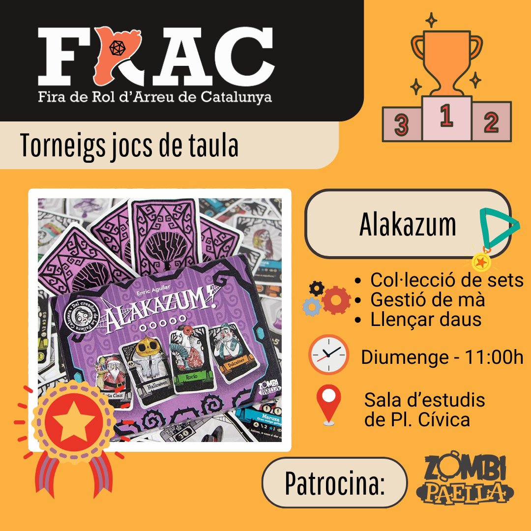 Diumenge al matí a la #FRAC25 tindrem #torneig de #Alakazum! Un joc de gestió de mà que defensa les tradicions locals, t'animes a participar?🧹🧙‍♀️🏆

📝forms.gle/vHvZZ5btD8yMb9…
Patrocinat per <a href="/zombipaella/">Zombi Paella</a> 
Arbitrat per <a href="/RefugioSatiro/">Refugio del Satiro</a>

#jocsdetaula #torneigalakazum #firarolcat