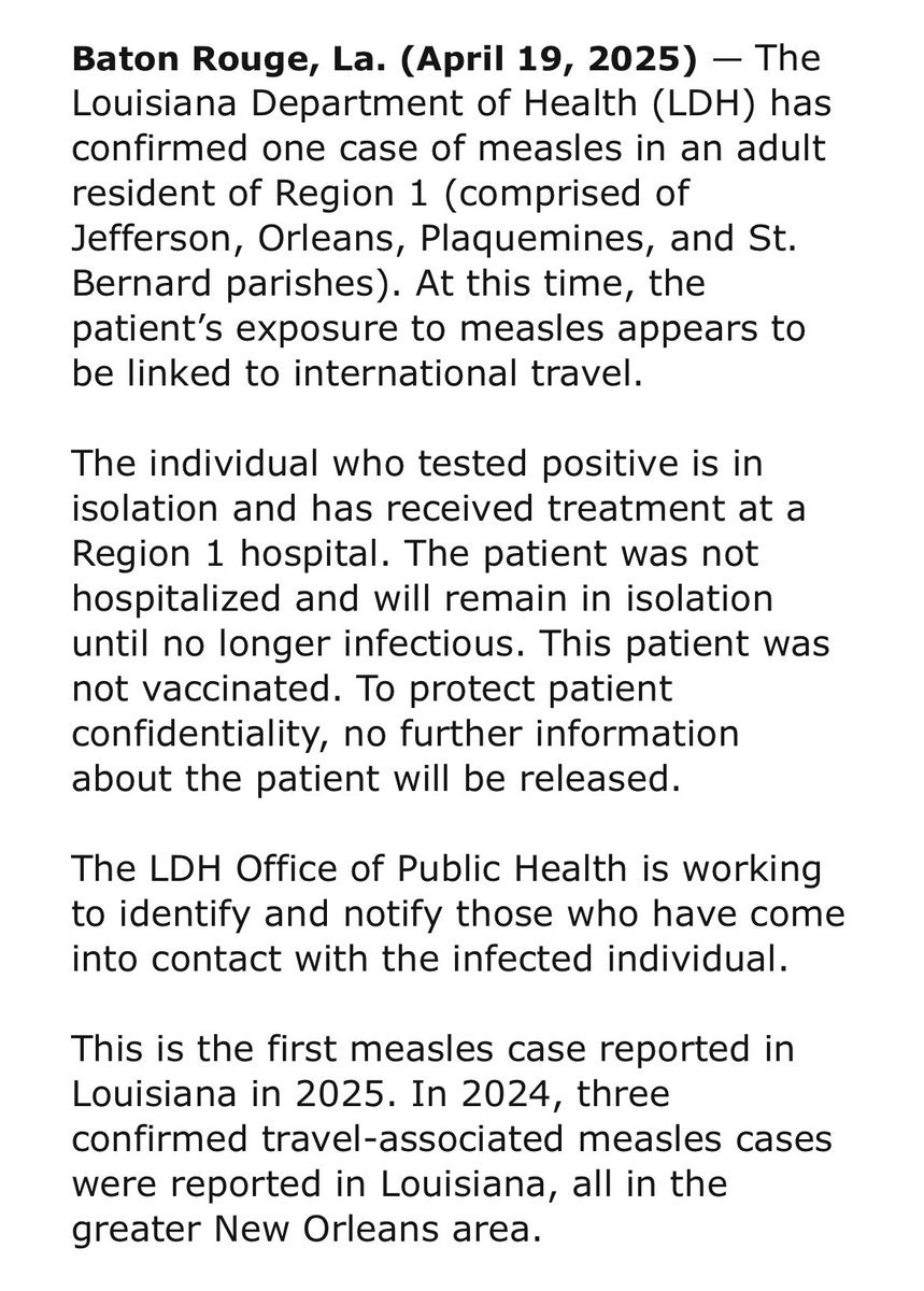 MelindaDeslatte's tweet photo. . ⁦@LADeptHealth⁩ confirms the first case of measles in Louisiana this year, in the New Orleans area #lalege https://t.co/gHqqR9yfbE