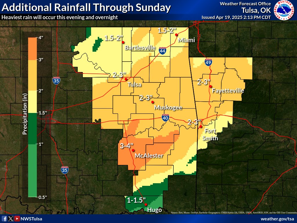 The Flood Watch was expanded into southeast OK. Here is a look at additional rainfall totals for the rest of today through Sunday. Most areas will see 1-3", locally a bit higher. #okwx #arwx