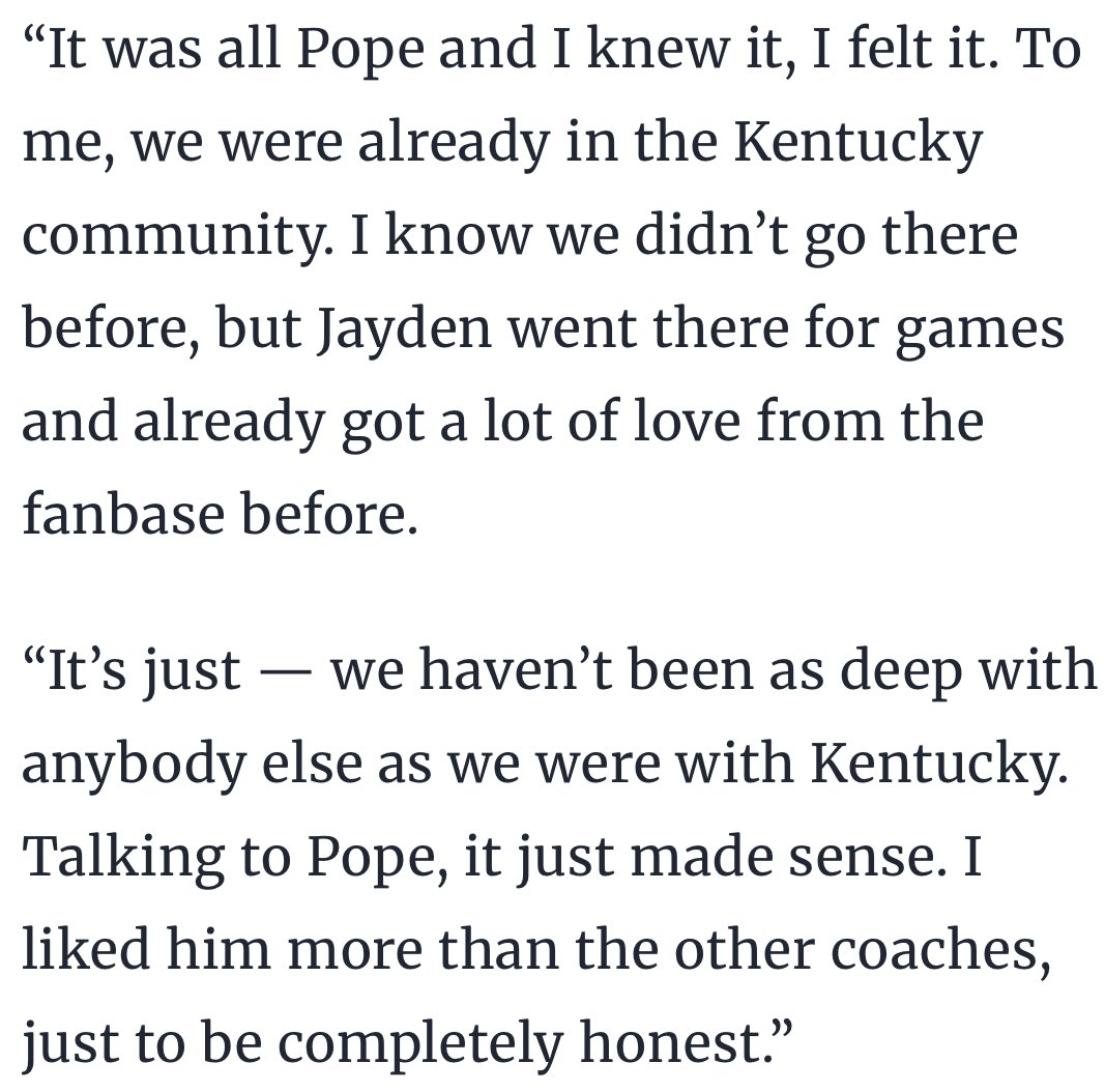 Dylan (@bigbluedylan) on Twitter photo Jayden Quaintance’s father Haminn on Mark Pope, and the Kentucky Fanbase.
“I liked him more than the other coaches just to be completely honest”
Checkout the article. Good stuff as always from <a href="/JackPilgrimKSR/">Jack Pilgrim</a> on Jayden’s recovery, and Kentucky’s plan for him. (Shooting) Jayden Quaintance’s father Haminn on Mark Pope, and the Kentucky Fanbase.
“I liked him more than the other coaches just to be completely honest”
Checkout the article. Good stuff as always from <a href="/JackPilgrimKSR/">Jack Pilgrim</a> on Jayden’s recovery, and Kentucky’s plan for him. (Shooting)