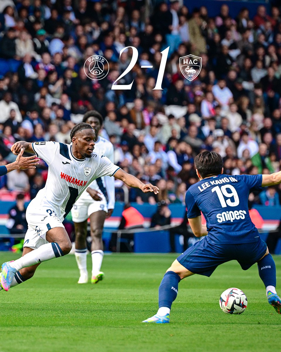 HAC_Foot's tweet photo. 𝗖'𝗲𝘀𝘁 𝗳𝗶𝗻𝗶 𝗮𝘂 𝗣𝗮𝗿𝗰 ⏹️
Le HAC s'incline d'une courte tête face au PSG. Buts parisiens inscrits par Doué (8e) et Ramos (50e), Issa Soumaré avait réduit le score à la 61e.
#PSGHAC https://t.co/7rX0nc8OpD
