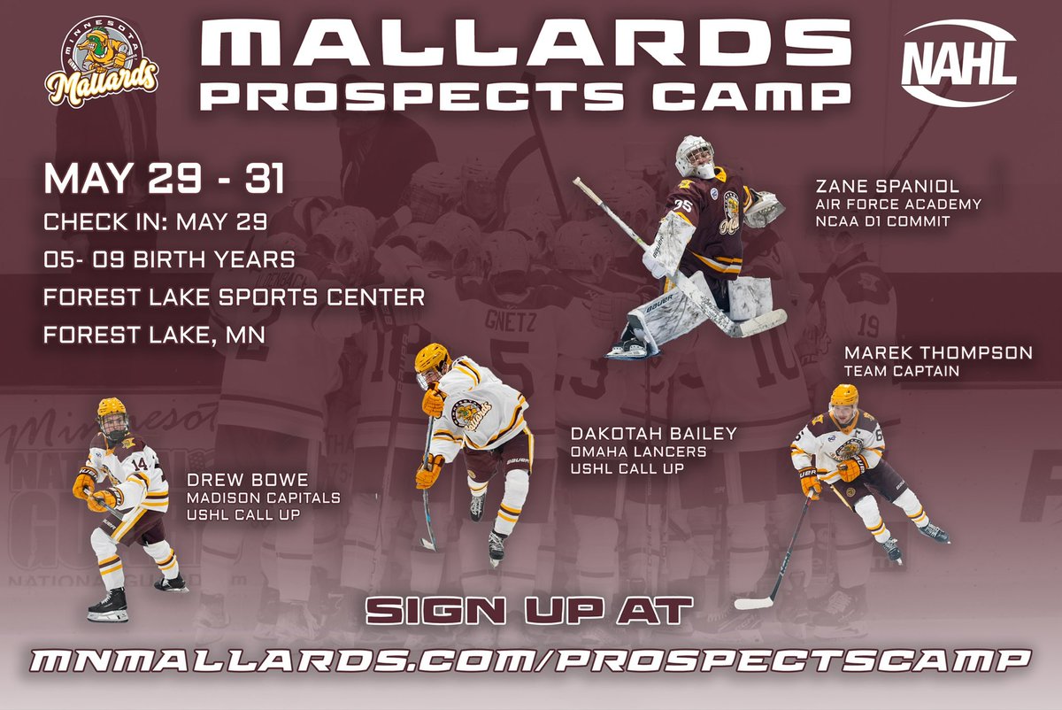 Ready to take the next step in your hockey journey?
Join us at the Mallards Prospects Camp May 29–31 at Forest Lake Sports Center! Open to 2005–2009 birth years. 
#MallardsHockey #ProspectsCamp #NAHL
