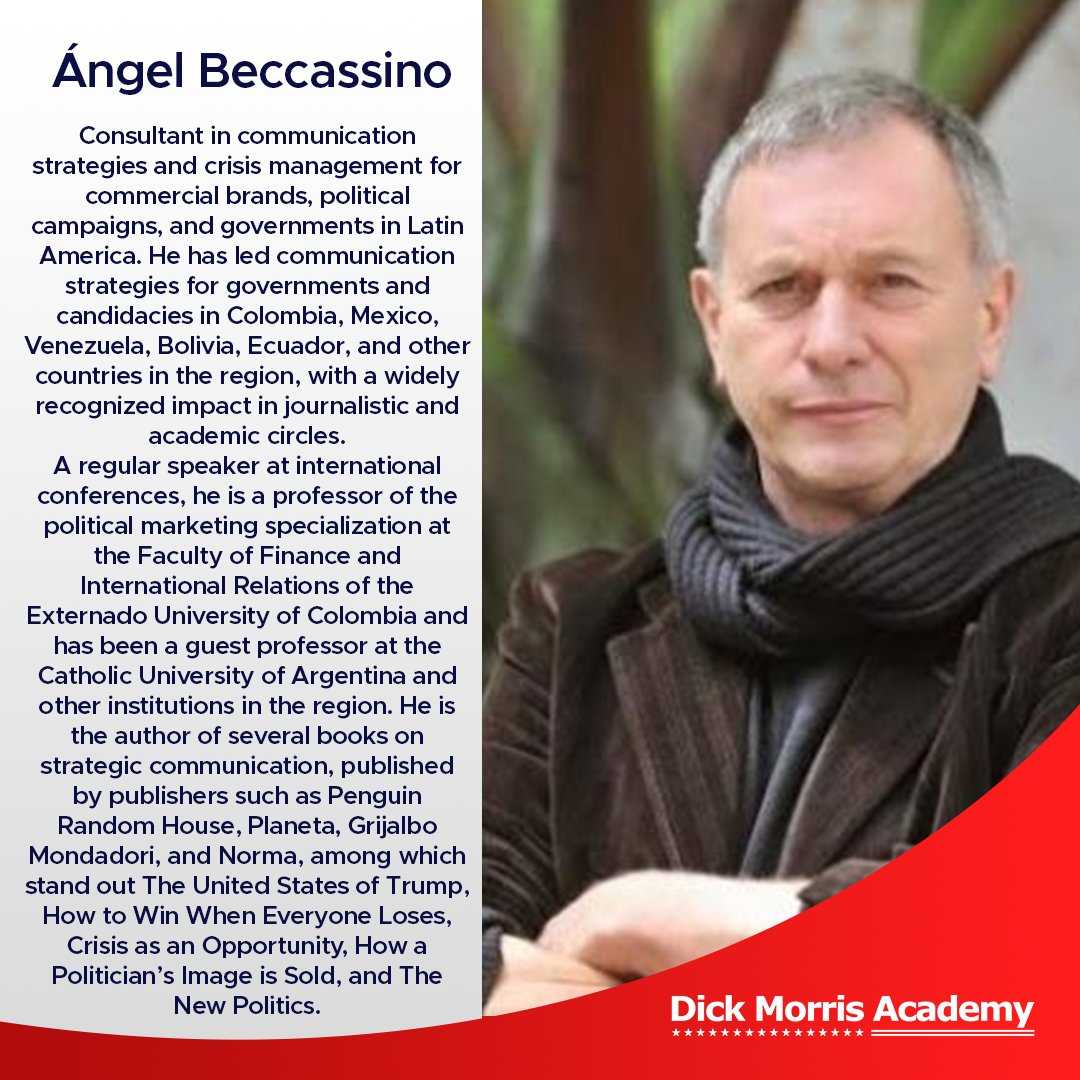 Presentamos al siguiente de nuestros profesores, Ángel Beccassino dará la clase de marketing y publicidad política en el curso de consultoria política de la Academia Digital Dick Morris.

Más info en el link en Bio