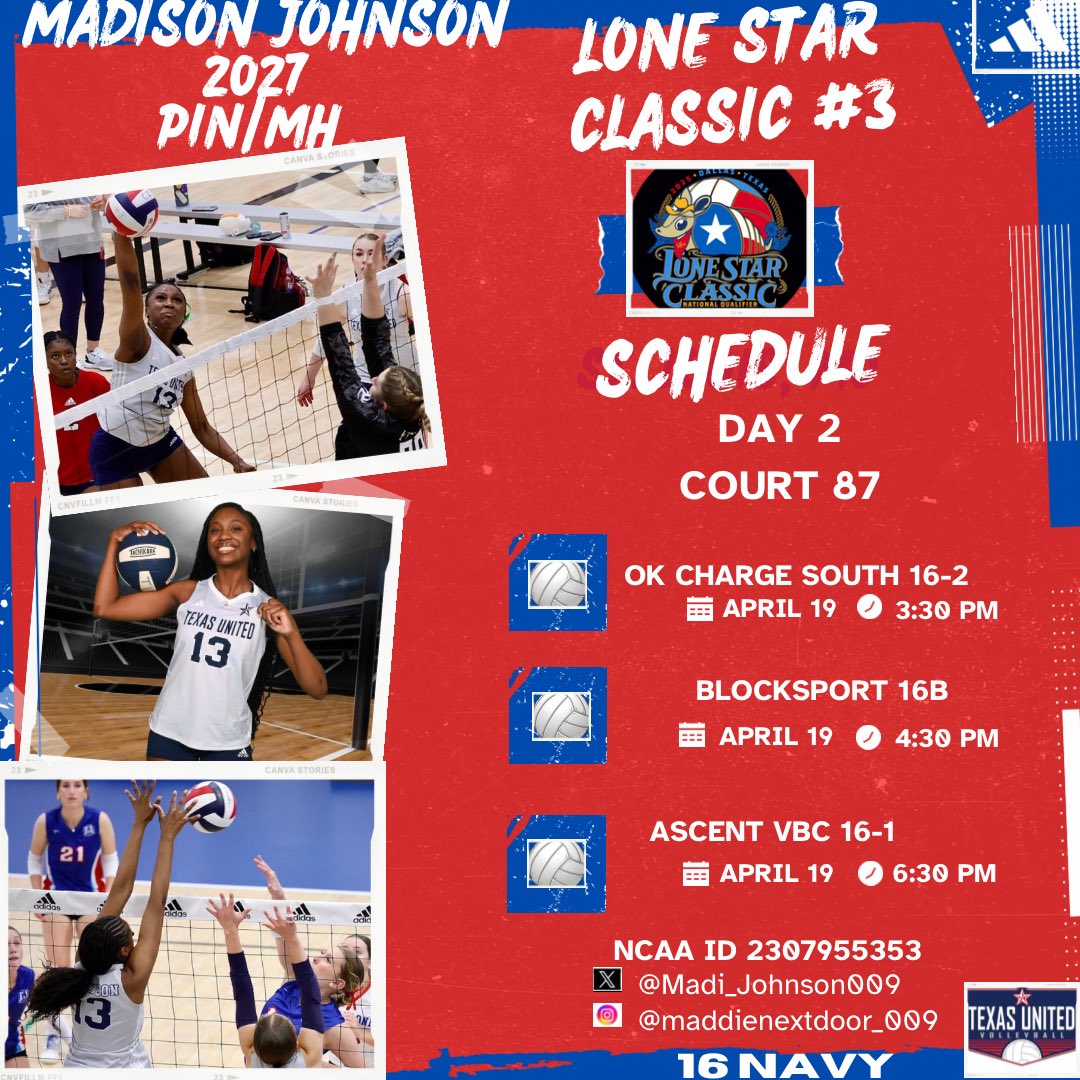 Madi_Johnson009's tweet photo. ✅Day 1- second place, excited to compete on day 2 with my team. Let’s get it 16 Navy! 🤠💙🏐 #txunited #LoneStarClassic #LSC25 #ClassOf2027 #Volleyball #explore
@TXUnitedVB @ACHS_CHARGER_VB https://t.co/OT0uC7d2hd