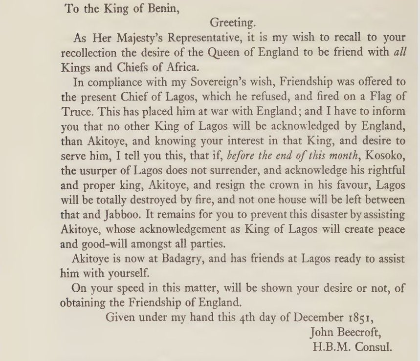 John Beecroft addressed the dynastic dispute in Lagos in a letter to the Oba of Benin in 1851.